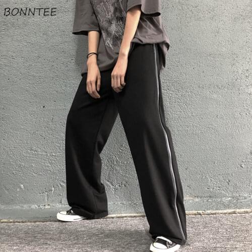 Casual Pants Women Plus Size 4XL Elastic Waist Solid Wide Leg Zipper Side-slit Streetwear Harajuku Black Fashion Chic Students