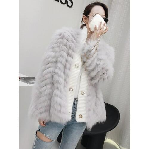JG07 Winter 2021 Female Loose V Neck Natural Fox Fur Cardigan Womens Luxury Real Fur Jackets With Pearl Button