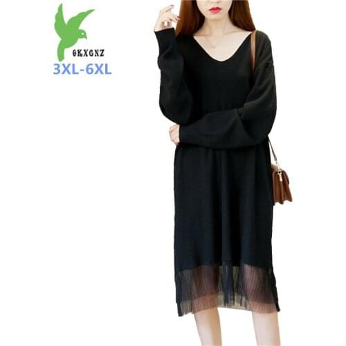 Super Oversize Women Knit Dress Long sleeve Lace Splice Sweater Dresses Female Crew neck Elegant Vestido Plus size 3XL-6XL G789
