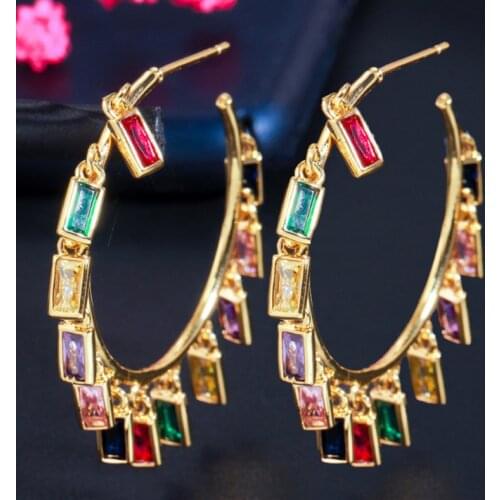 Zlxgirl Hot Quality Colorful white clear Mirco Cubic Zirconia Bridal Wedding Women Gold Color Big Tassel Hoop Earrings couple