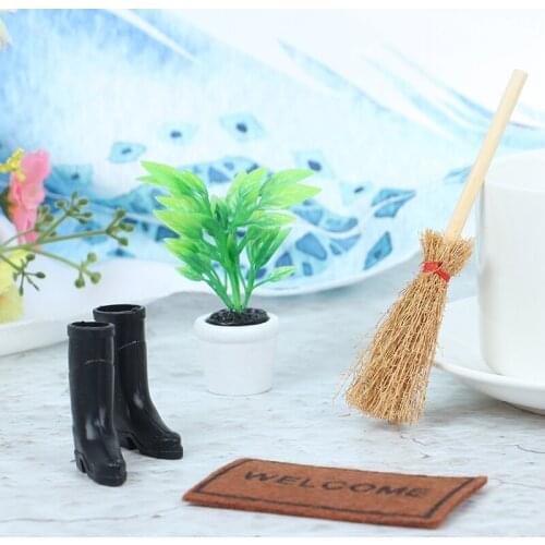 1 Set 1:12 Dollhouse Mini Garden Model Potted+Broom+Mat+Shoes for Doll Garden Tool Toys DIY Accessories