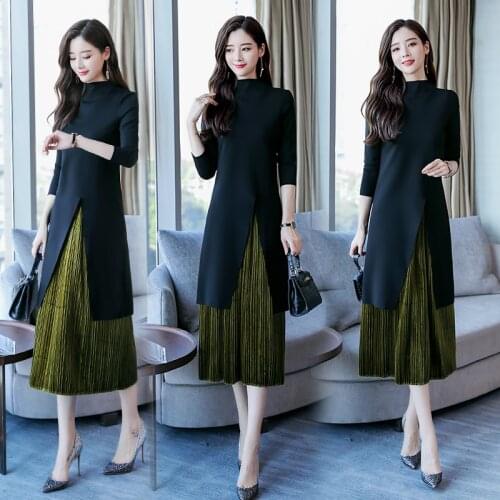 2021Goddess fan dress two-piece women 2018 autumn new small breeze temperament thin Hong Kong fashion A-line skirt