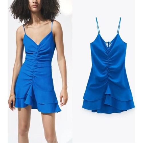 2021 Za blue ruffle mini dresses women sexy v-neck spaghetti straps back opening tied dress chic ruched party Chic summer dress