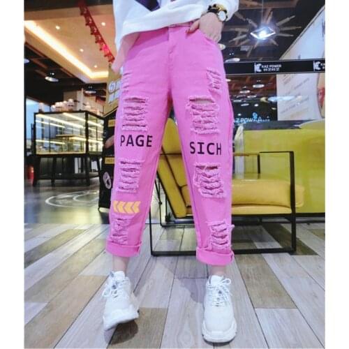High waist Jeans Women Streetwear Fashion Print Ripped Jeans Female Loose Plus Size Jeans Casual Trousers Denim Straight Pants