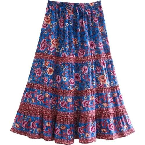 Purple 2021 New Spring Women boho floral print cotton beach holiday skirt ladies lace-up elastic waist party wear skirt