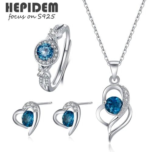 HEPIDEM 100% Really Topaz 925 Sterling Silver Necklace Rings Earrings 2021 Women Korean Natural Blue S925 Fine Jewelry Set H006
