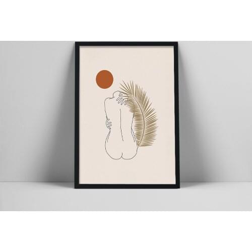 Nude Woman Line Art Print | Fine Line Body Poster | Female Form Wall Art | Female Body Artwork | Naked Art Drawing | Palm Branc