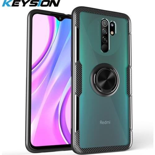 KEYSION Shockproof Armor Case for Redmi 9 Transparent Clear Magnetic Ring Phone back Cover for Xiaomi Redmi Note 9 10X 4G