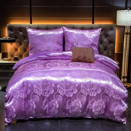 Classic luxury jacquard soft satin silky bedding down cover pillowcase set with zipper seal, purple, medium size double bed