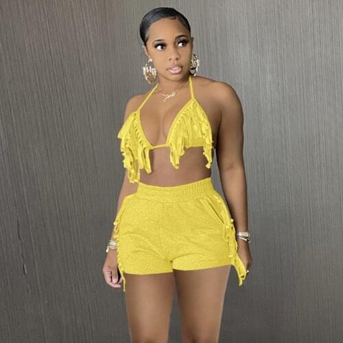 2 Piece Shorts Sets Tracksuit Women Sportwear Summer Matching Clothes Tassel Crop Top Biker Shorts Set Outfits Ensemble Femme