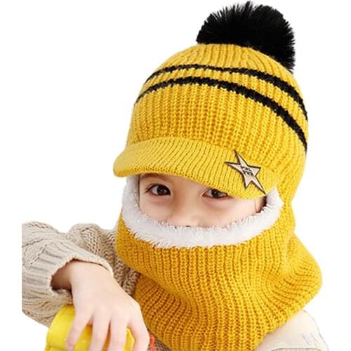 Toddler Kids Plush Warm Knit Hat and Scarf Set Winter Cartoon Faux Wool Snood Beanie Kit Baby Boy Girl Neck Warmer Cute Skullies
