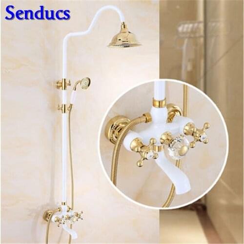 Senducs Dual Handle White Gold Shower Set Top Quality Brass Bathroom Shower Faucet 8 Inch Top Shower White Bath Shower Set