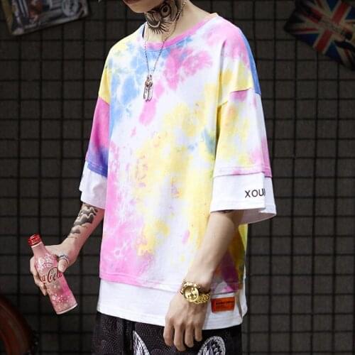 2020 New Summer Style Men Tie Die Tshirt Streetwear Loose Fit Fake 2 Pieces Harajuku Tees For Male O-neck Plus Size M-3XL