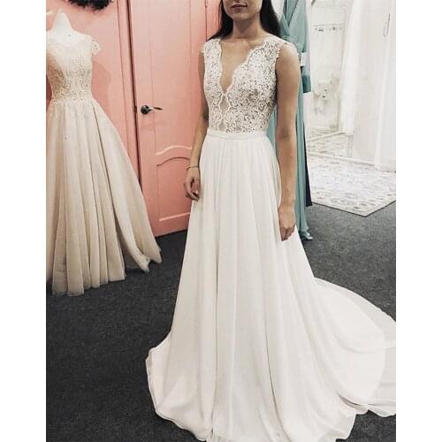 Charming A Line Wedding Dress Sexy V Neck Chiffon Bridal Dress V Back Sweep Train Bohemian Customize Wedding Dress
