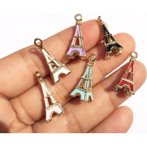 Wholesale 60PCS Oil Drop Enamel Gold Tone Plated Eiffel Tower Shape Jewelry Charms Necklace Earring Bracelet Floating Pendants