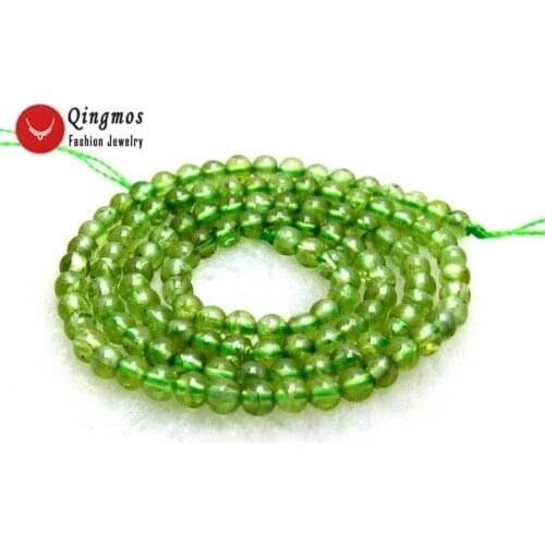 Qingmos Natural 4mm Round Green Peridot Gem Stone Beads for Jewelry Making DIY Necklace Bracelet Strand 15" los655 Free shipping