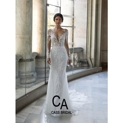 Full long sleeves mermaid wedding dresses with detachable train delicate lace appliques beadings pearls bridal gown winter bride