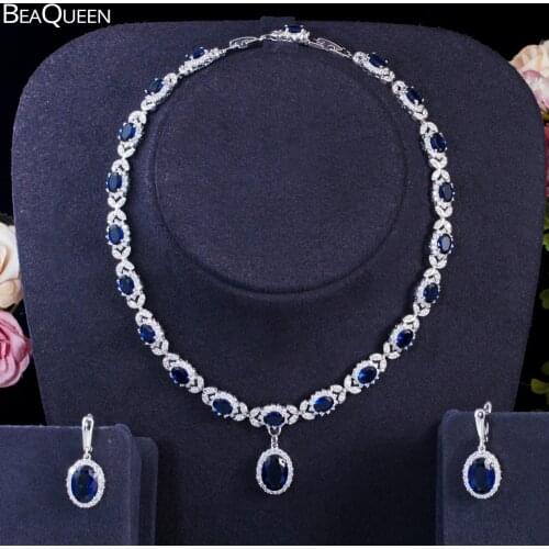 BeaQueen Elegant Luxury Earrings and Necklace Jewelry Set for Women Big Blue Water Drop Cubic Zirconia Wedding Accessories JS280