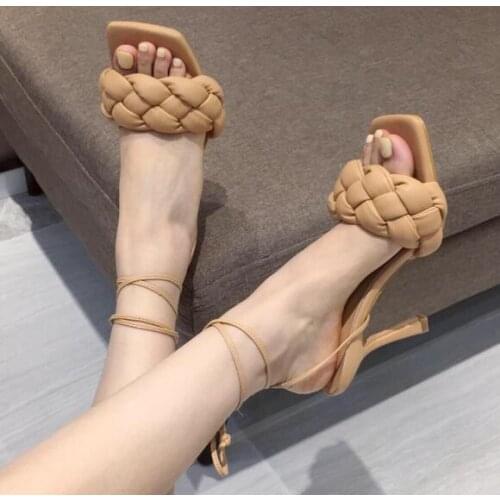 Women slippers Weave women slides Two ways to wear slippers women sandals Lace up high heels women summer shoes female Mules