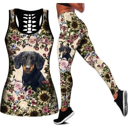 Womens Over Printed Yoga Suit Cerman Shepherd 3D Printing Hollow Vest Tank Top High Waist Leggings Sports Ladies Suit