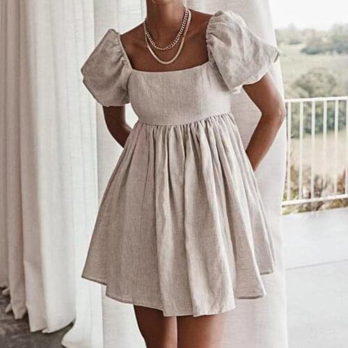 Vintage Women Dress Solid Color Puff Sleeve Short Length Loose Khaki Women High Waist A-line Dress Comfortable to wear for Party