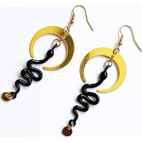 1 Pair Snake Earrings, Crescent Moon Celestial Serpent Dangle Earrings, Handmade Jewelry, Gift