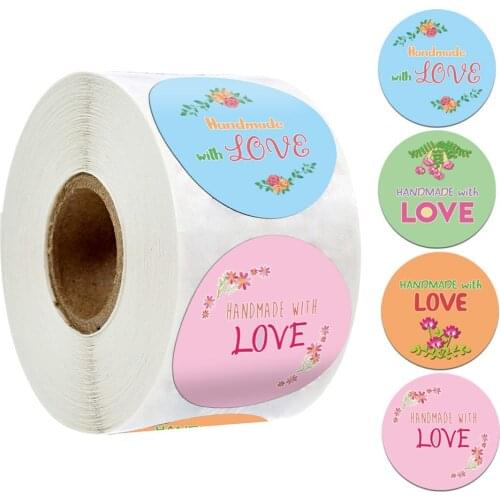 500 Pcs Colored Handmade with Love Sticker Seal Labels Cute Round Pink Green Stickers Roll for For Bakery Boxes Stationery Label