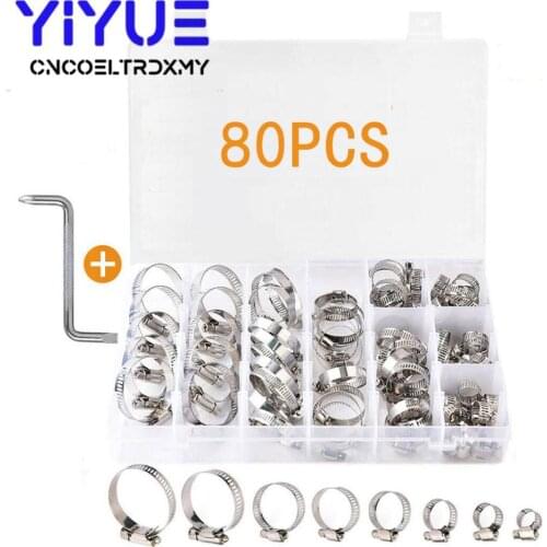 80Pcs Hose Clamp 8-44mm Stainless Steel Adjustabl Fuel Clamp Worm Drive Fuel Water Hose Pipe Clamps Clips