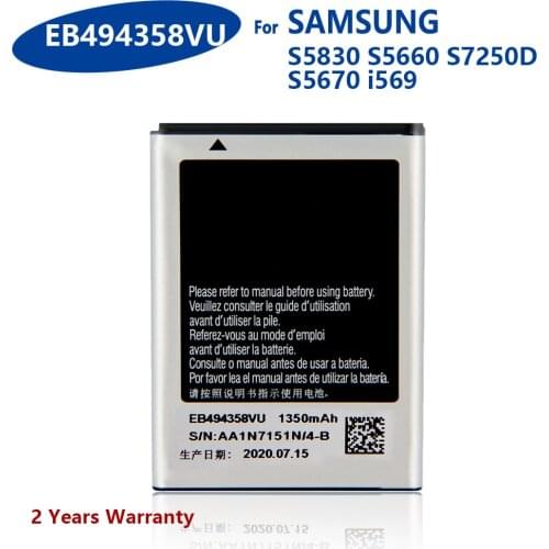 100% Genuine EB494358VU Battery For Samsung Galaxy Ace S5830 i569 I579 S5670 S7250D GT-S6102 S6818 S5660 1350mAh New Batteries