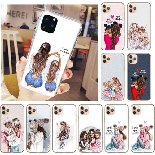 Black Brown Hair Baby Mom Girl Son Phone Cover for IPhone 11 12 Pro Max X XS XR 7 6S 8 Plus 5S SE2 12mini Soft Clear Case Funda