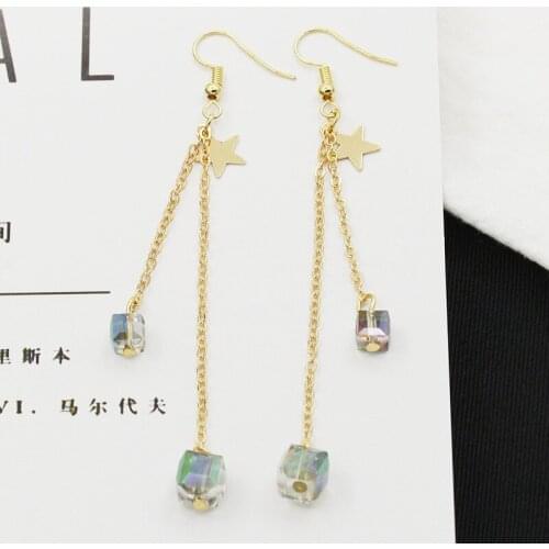 Long Tassel Gold Color Double Clear Crystal Charm Box shape Dangle Earrings Zinc Alloy Drop Earring Statement Jewelry Women Clip