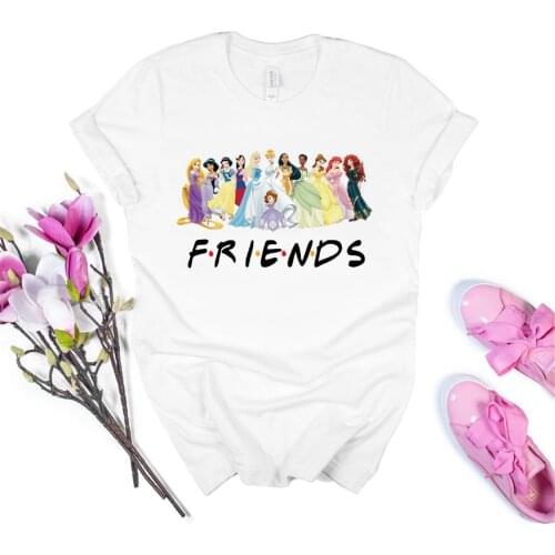 Cute Princess Friends Shirt Alice In The Wonderland Little Mermaid Tees Cartoon Graphic T-Shirt Kawaii Tops for Women and Girls