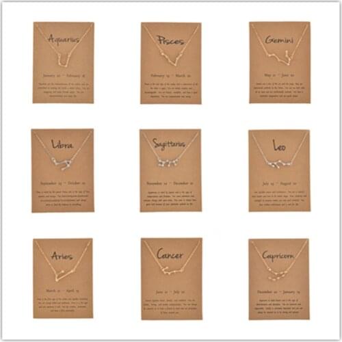 Cardboard Star Zodiac Sign 12 Constellation Necklaces Crystal Charm Gold Chain Choker Necklaces for Women Birthday Jewelry Gift