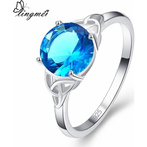 Lingmei Solitaire Style Fashion Round Cut Multi & Blue Cubic Zircon Silver Color Ring Size 6-9 Wedding Jewelry For Women
