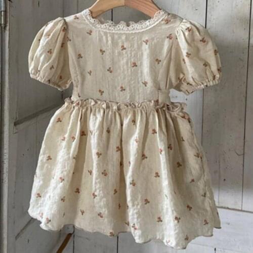 Baby girl summer vintage printed dress kids casual stitching puff short sleeve princess dress