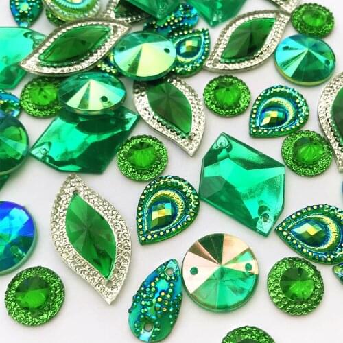 MIX Drop Round Leaf Green Sew-On Loose Rhinestones Gems Stones and Crystals for Couture Sewing Wedding Evening Event Dress Arts
