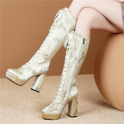 Fashion Platform Pumps Womens Satin Knee High Boots Lace Up Round Toe High Heel Punk Creepers Party Shoes 34 35 36 37 38 39