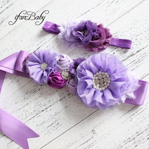 Fashion Lavender purple flower Belt,Girl Woman Sash Belt Wedding Sashes belt with flower headband 1 SET
