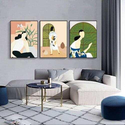 Fashion Vintage Beauty Girl Poster Abstract Illustration Wall Art Canvas Painting Leaf Flower Plant Prints Nordic Picture Decor