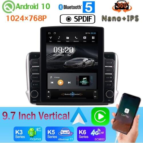 Nano+IPS 9.7" Vertical Tesla Android 10 Car Media Radio GPS PX6 4+64G For Peugeot 2008 208 2014-2018 360 4*AHD Camera Head Unit