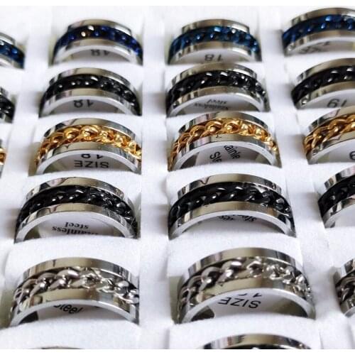 Wholesale 36 fashion 8mm black and white blue gold Four-color hybrid Rotating chain mens rings