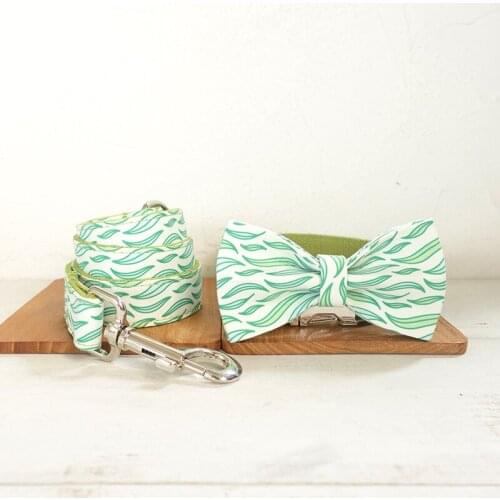 Green Leaf Personalized ID Engraving name dog collar and leash set for big and small dog cotton fabric collar metal buckle