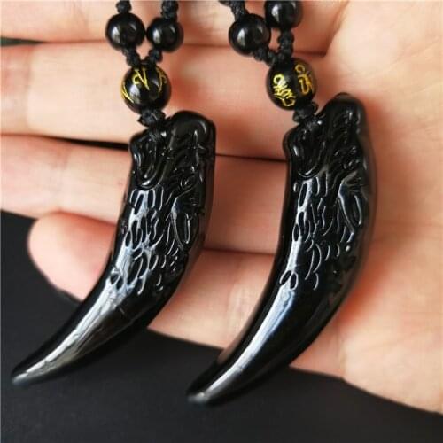 Natural Black Obsidian Stone Pendant Spike Wolfs Fang Women Mens Amulet Lucky Jades Jewelry Pendants With Free Rope
