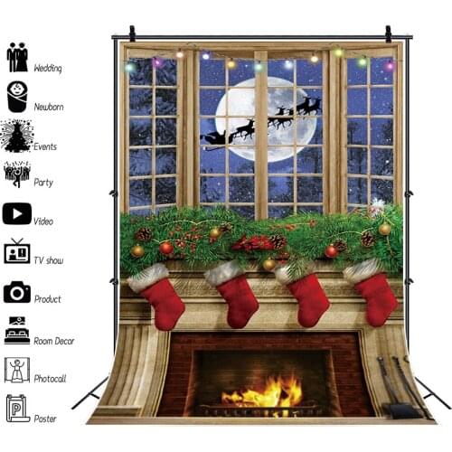 Christmas Fireplace Photo Backdrop Pine Leaves Socks Windowsill Night View Moon Baby Children Photograph Background Vinyl Poster
