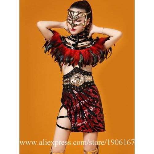 Nightclub Sexy Lady Party Evening Dress Red Feather Ballroom Costume Stage Performance DS Clothing DJ Singer Dance Suit