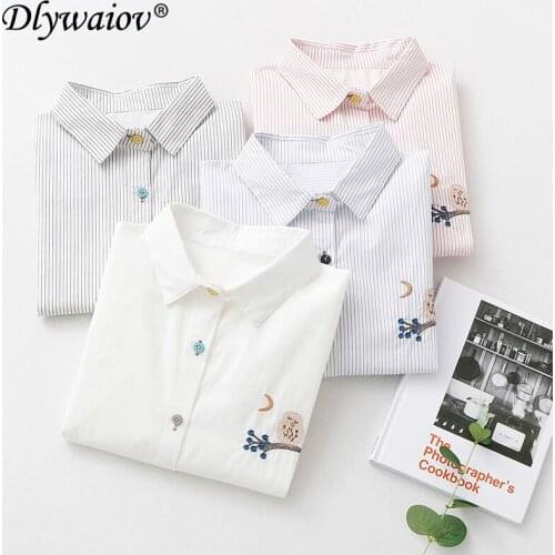 Cartoon embroidery Loose lapel Blouse Women College sweet Korea Female Clothes Blouses Tops casual Shirts Spring femme 2021 Blue