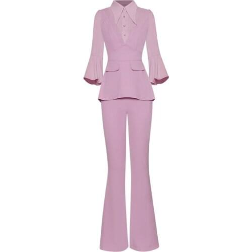 Ladies Office Wear Two Pieces Outfits Set Solid Color Pink / Blue Pants Set