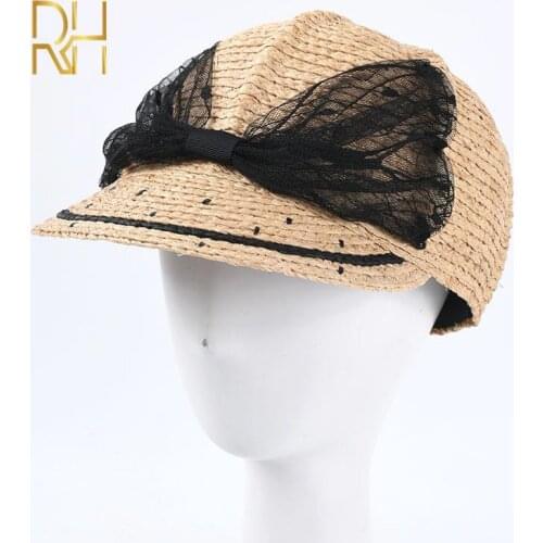 Women Baseball Caps Black Bow Handmade Nature Raffia Straw Cap Female Equestrian Hat Summer Sun Hat Adjustable Breathable RH