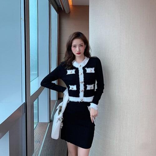 Autumn Runway Knitted 2 Piece Set Women Elegant Single-Breasted O Neck Tassel Sweater Top+ High Waist Button A Line Skirt Suit