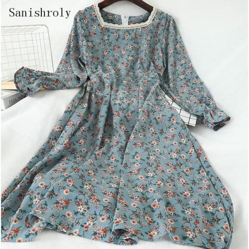 Sanishroly Autumn Mori Girl Dresses Women Long Floral Print Boho Dress Female Vintage Square Neck Chiffon Dress Vestidos CD076